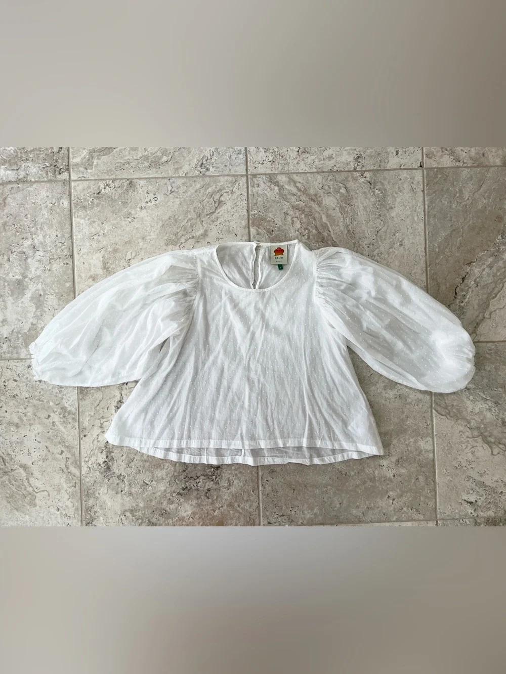 FARM Rio Puffed Long Sleeve Swiss Dot Cropped Cotton Gauze White Blouse, Small